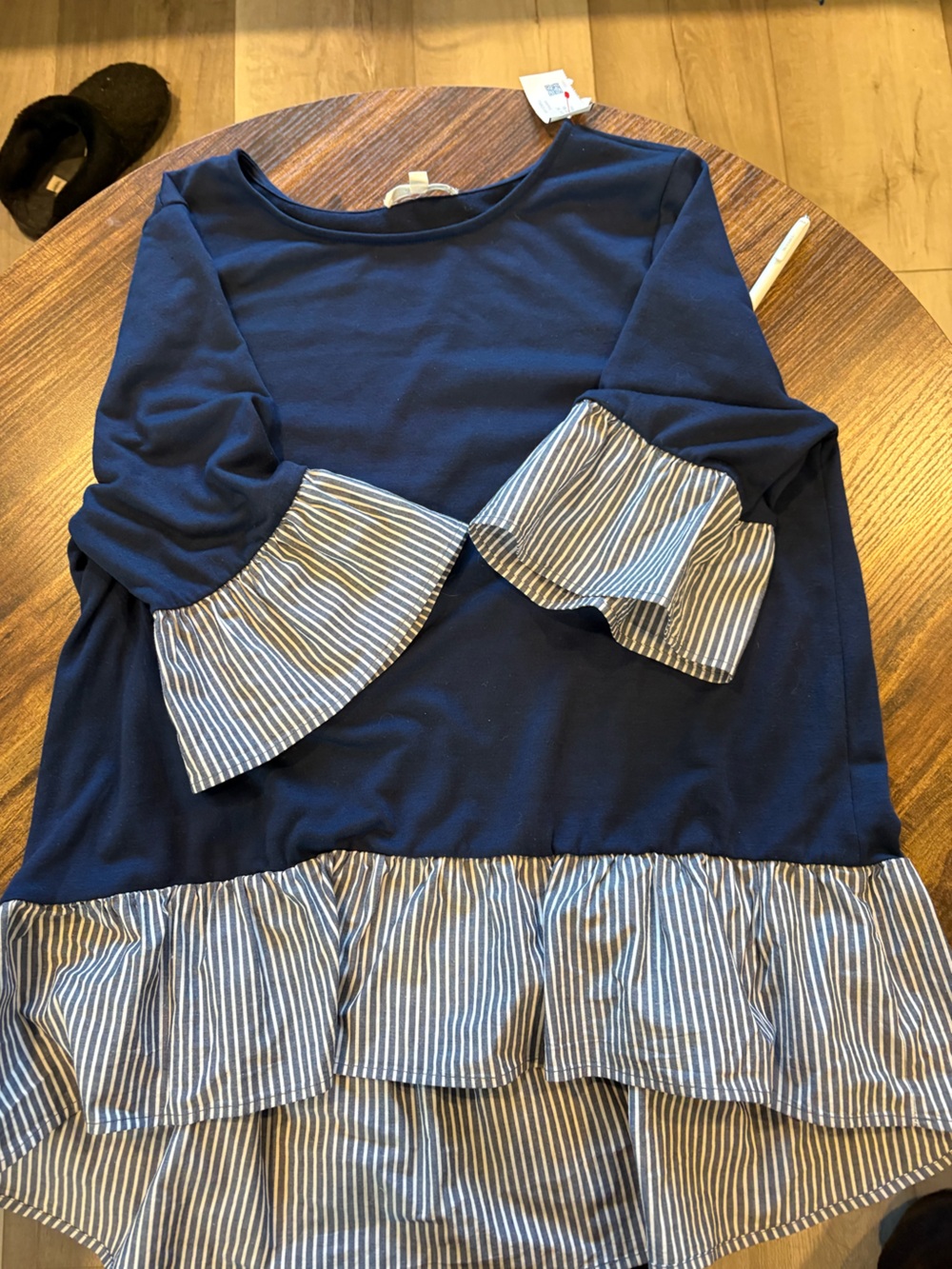 Pleione Navy Blue Ruffle Top with Striped Trim